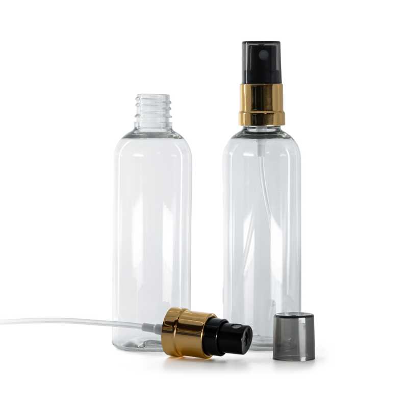 Plastová fľaša priehľadná, čierno-zlatý rozprašovač, dymový kryt, 100 ml 