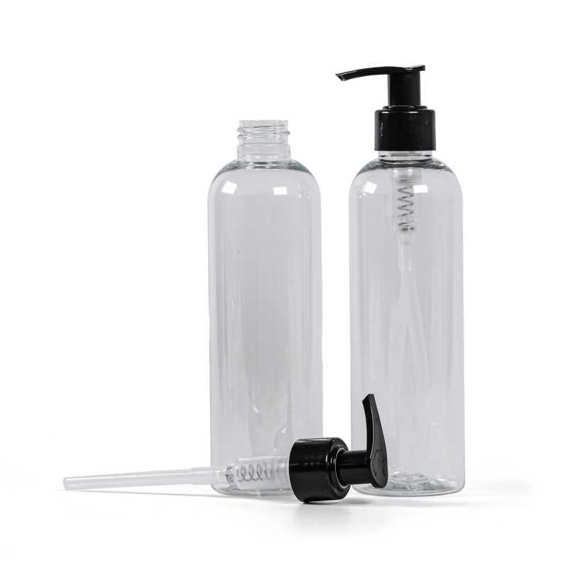 Plastová fľaša, priehľadná, čierny dávkovač, 250 ml