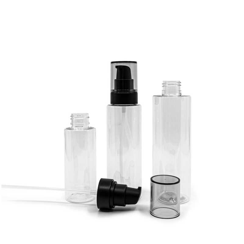 Plastová fľaša, priehľadná, čierny dávkovač s dymovým krytom, 200 ml
