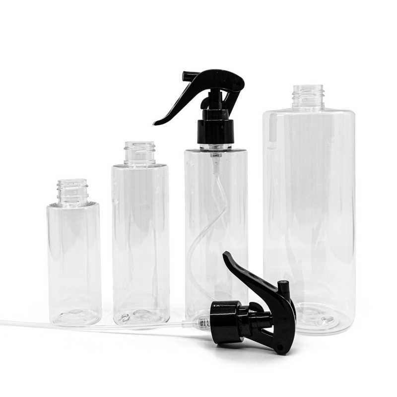 Plastová fľaša, priehľadná, čierny pákový rozprašovač, 200 ml