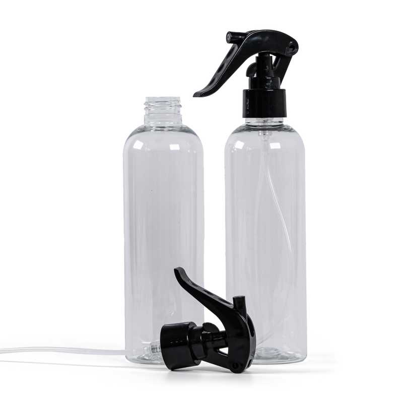 Plastová fľaša, priehľadná, čierny pákový rozprašovač, 250 ml