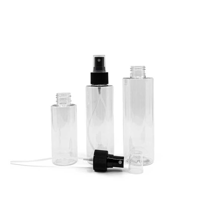 Plastová fľaša, priehľadná, čierny rozprašovač 100 ml