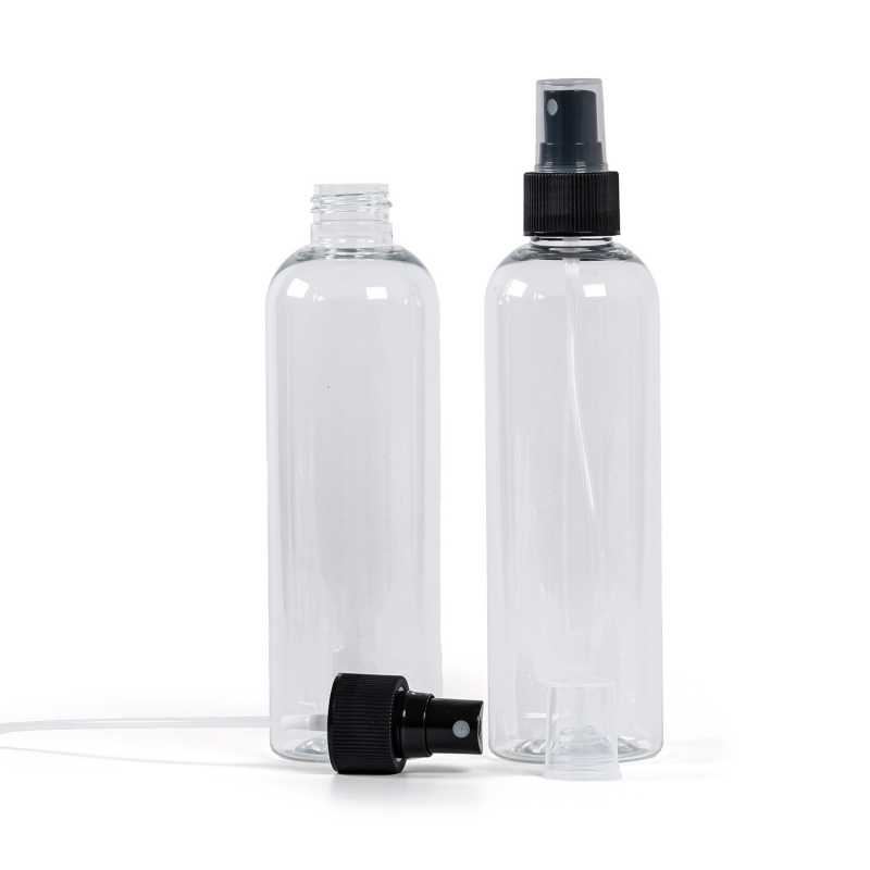 Plastová fľaša, priehľadná, čierny rozprašovač 250 ml