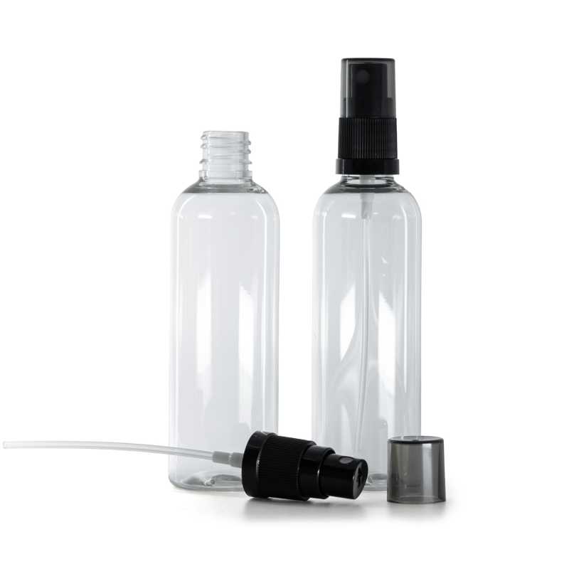 Plastová fľaša priehľadná, čierny rozprašovač, dymový kryt, 100 ml
