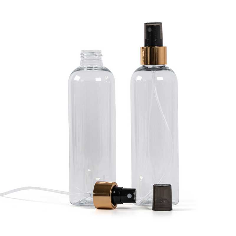 Plastová fľaša priehľadná, čierny rozprašovač, zlatá lesklá obruč, 250 ml