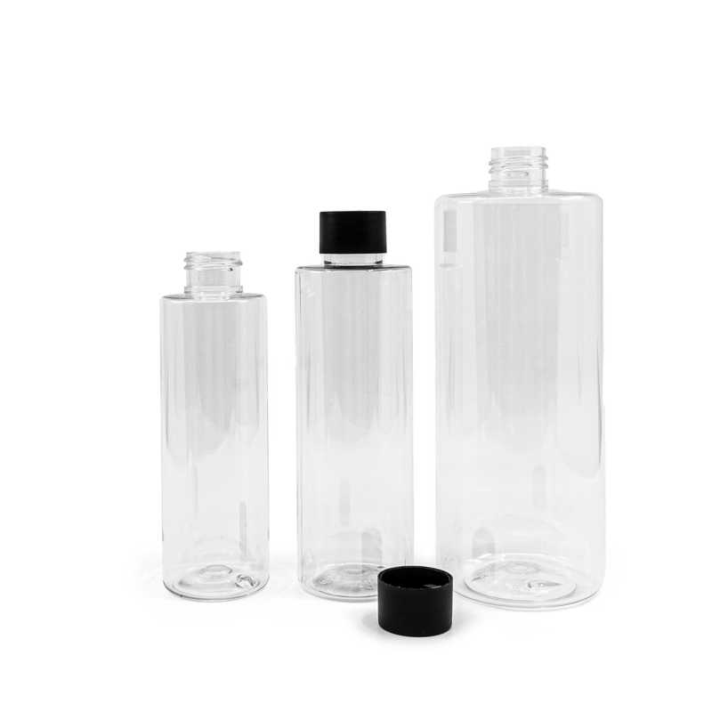 Plastová fľaša, priehľadná, čierny vrchnák, 200 ml
