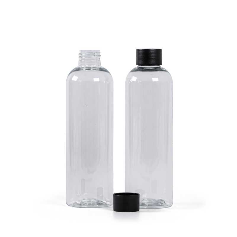 Plastová fľaša, priehľadná, čierny vrchnák, 250 ml