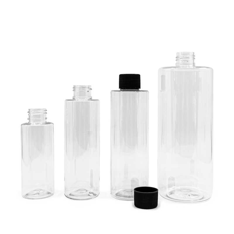 Plastová fľaša, priehľadná, čierny vrúbkovaný vrchnák, 100 ml