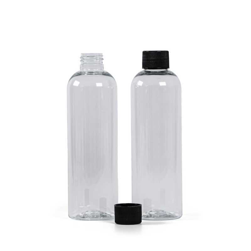 Plastová fľaša, priehľadná, čierny vrúbkovaný vrchnák, 250 ml
