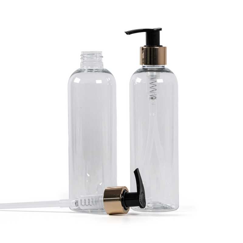 Plastová fľaša priehľadná, dávkovač zlatý, 250 ml
