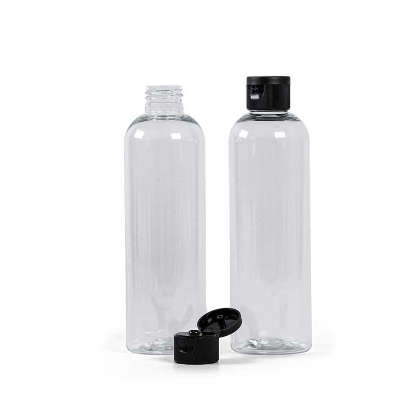 Plastová fľaša, priehľadná, flip top čierny, 250 ml