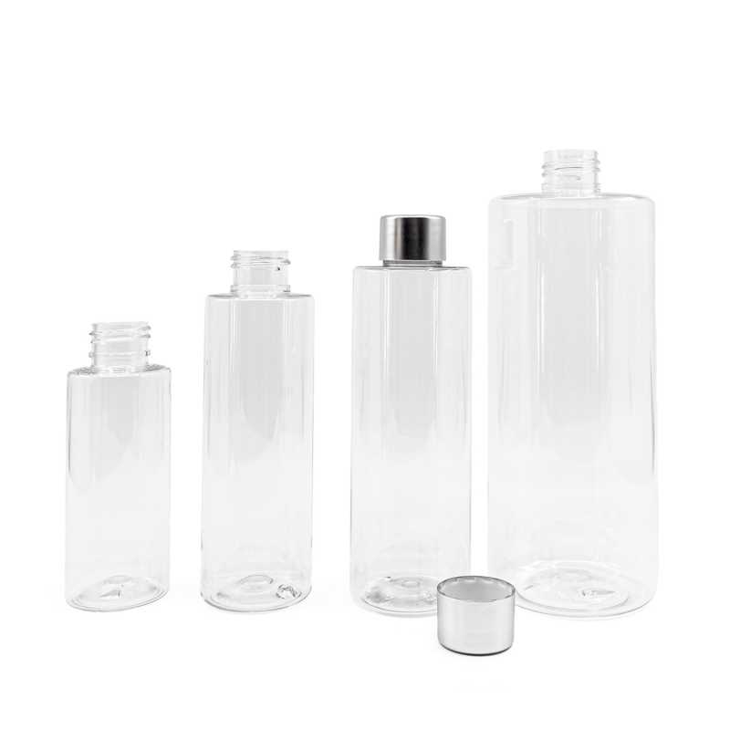 Plastová fľaša, priehľadná, matný strieborný vrchnák, 200 ml