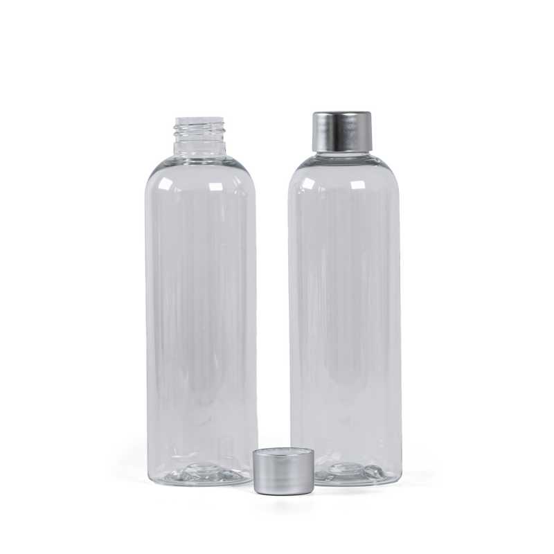 Plastová fľaša, priehľadná, matný strieborný vrchnák, 250 ml