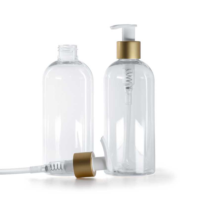 Plastová fľaša priehľadná, okrúhla, bielo-zlatý matný dávkovač, 300 ml