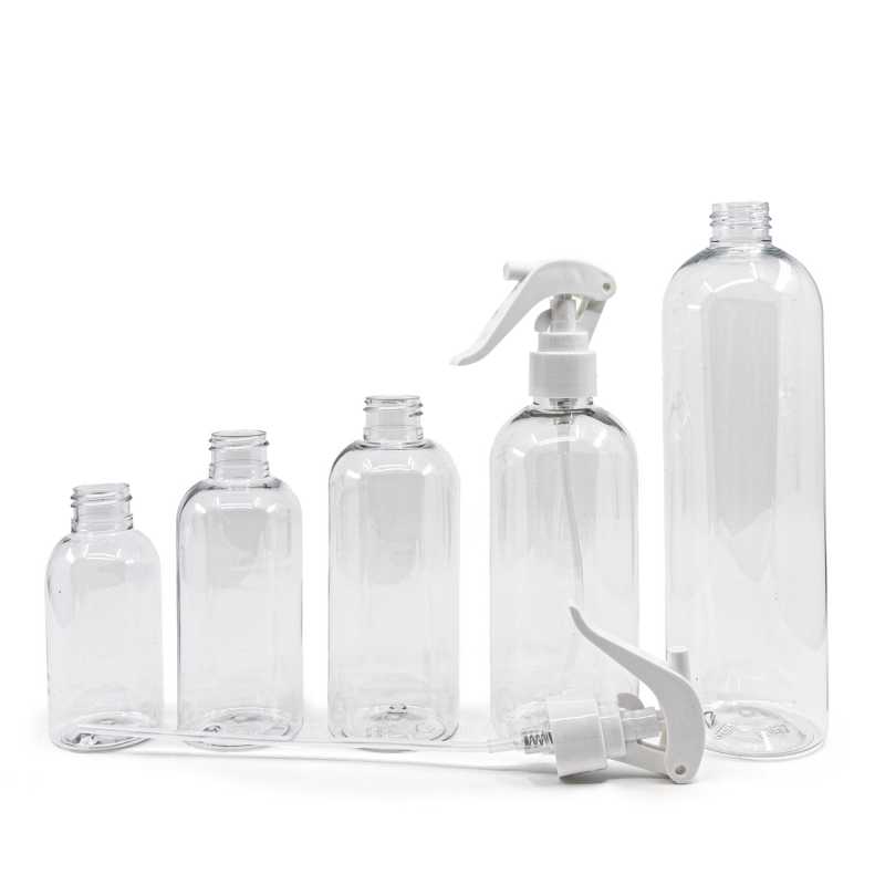 Plastová fľaša priehľadná okrúhla, biely pákový rozprašovač, 200 ml