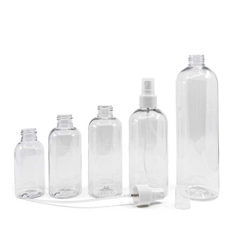 Plastová fľaša priehľadná okrúhla, biely rozprašovač 200 ml