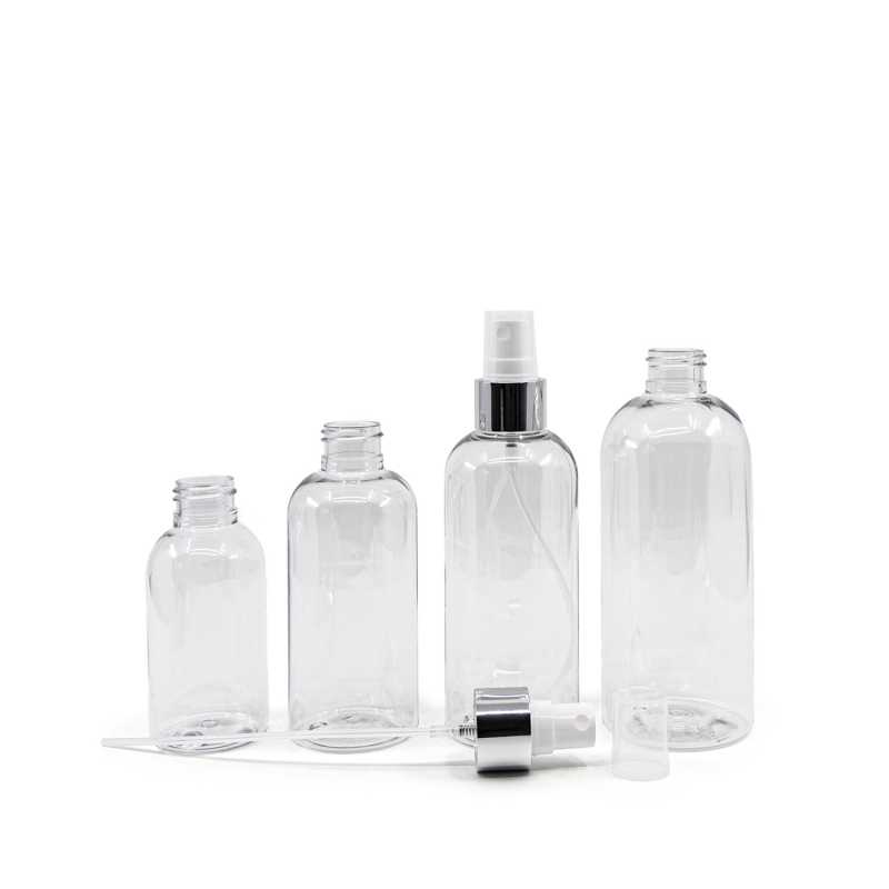 Plastová fľaša priehľadná okrúhla, biely rozprašovač, strieborná lesklá obruč, 100 ml