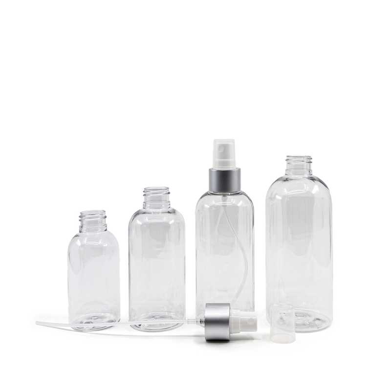 Plastová fľaša priehľadná okrúhla, biely rozprašovač, strieborná matná obruč, 100 ml