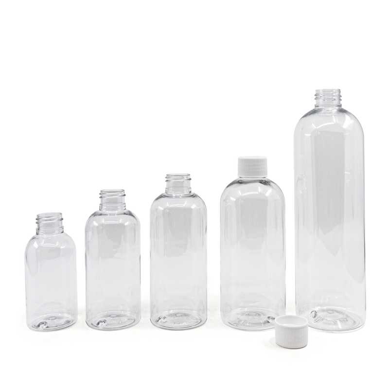 Plastová fľaša priehľadná okrúhla, biely vrchnák, 200 ml