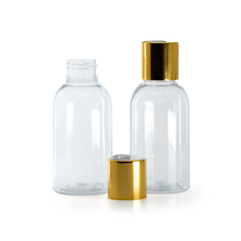 Plastová fľaša priehľadná okrúhla, disc top vrchnák, zlatý, biely stred, 100 ml