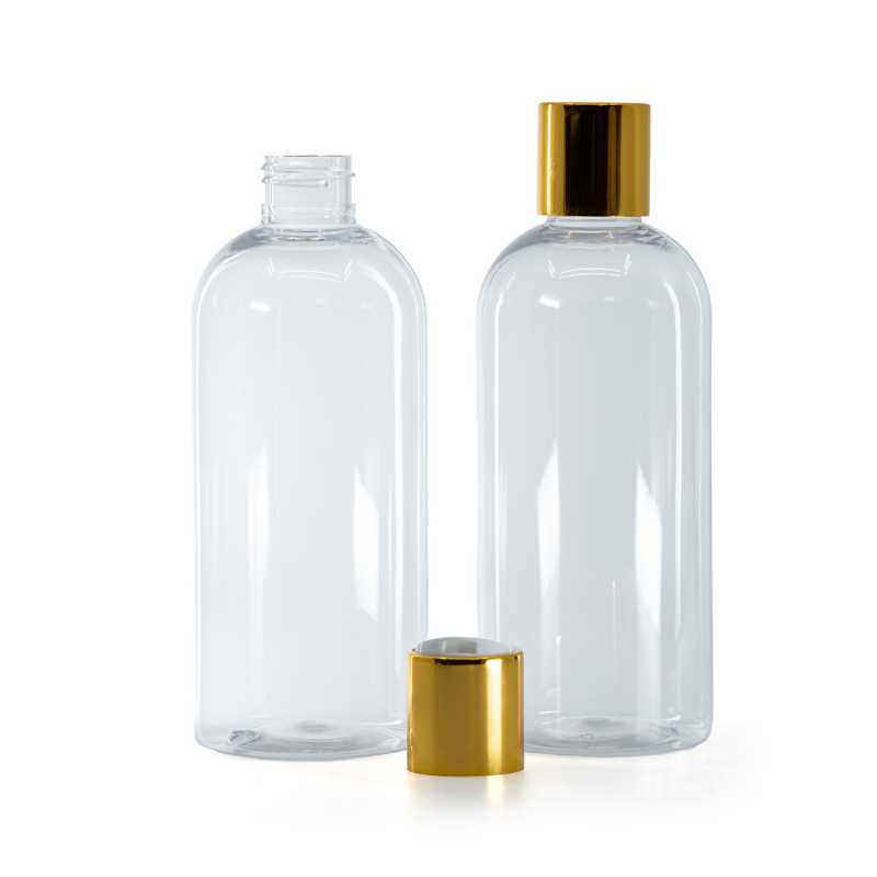 Plastová fľaša priehľadná okrúhla, disc top vrchnák, zlatý, biely stred, 300 ml