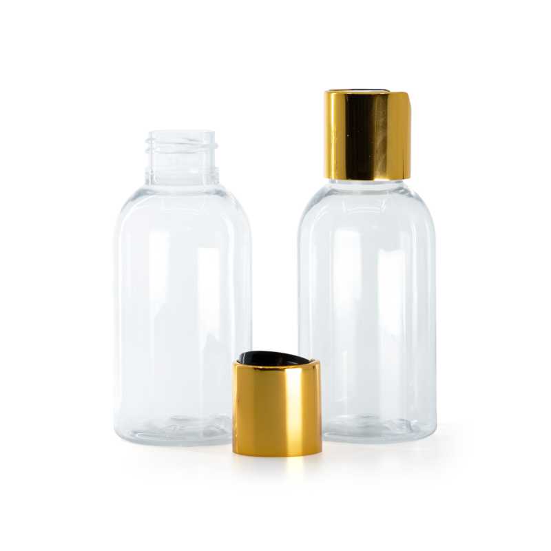 Plastová fľaša priehľadná okrúhla, disc top vrchnák, zlatý, čierny stred, 100 ml