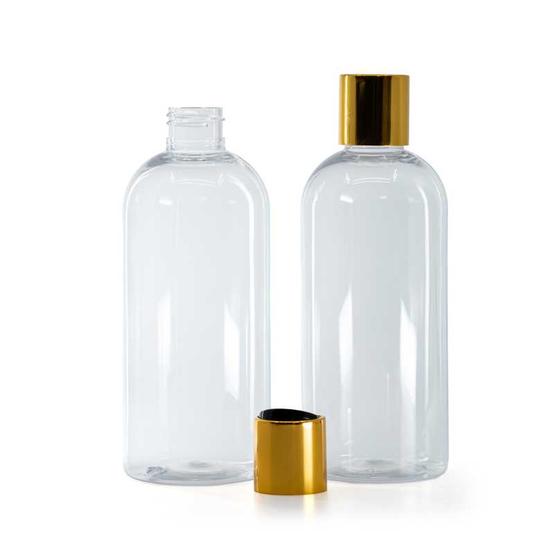 Plastová fľaša priehľadná okrúhla, disc top vrchnák, zlatý, čierny stred, 300 ml