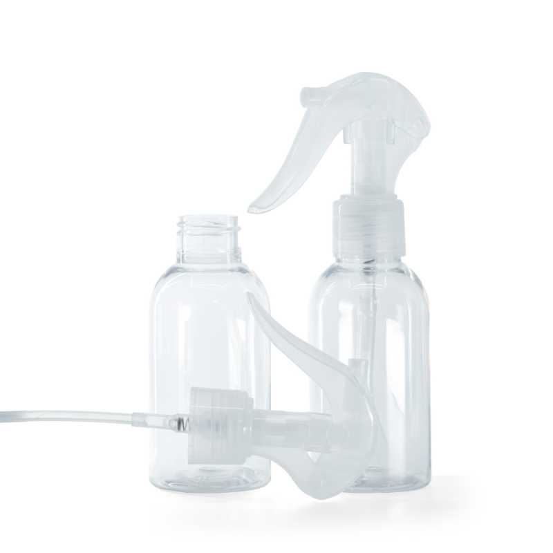 Plastová fľaša priehľadná, okrúhla, priehľadný pákový rozprašovač, 100 ml
