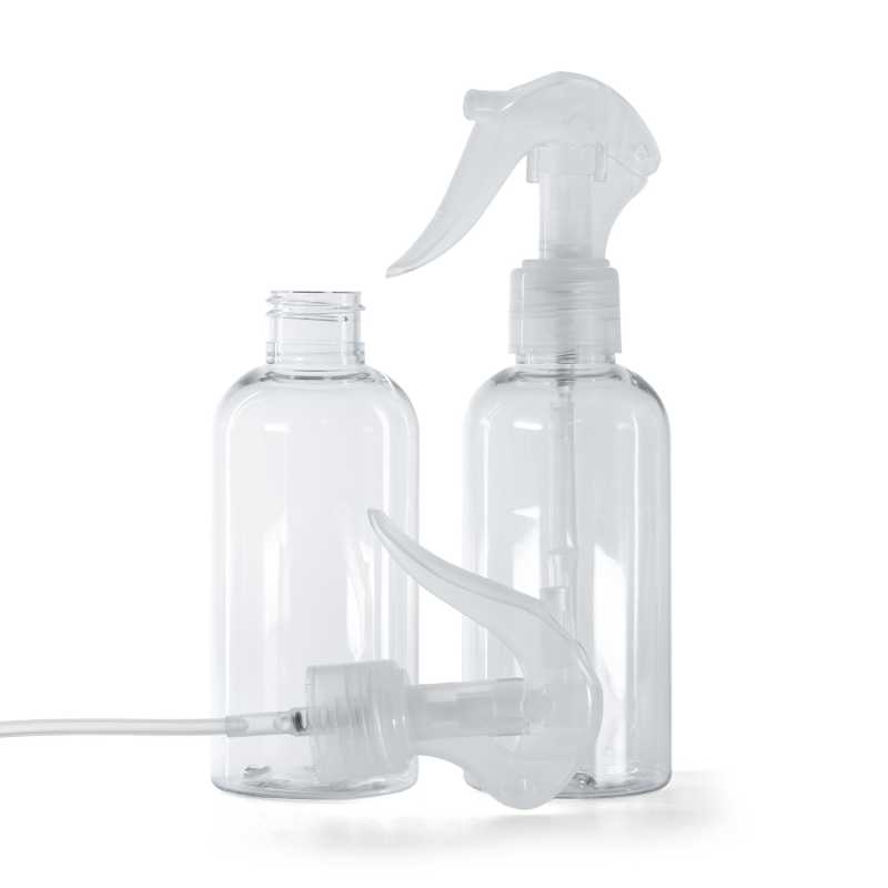 Plastová fľaša priehľadná, okrúhla, priehľadný pákový rozprašovač, 150 ml