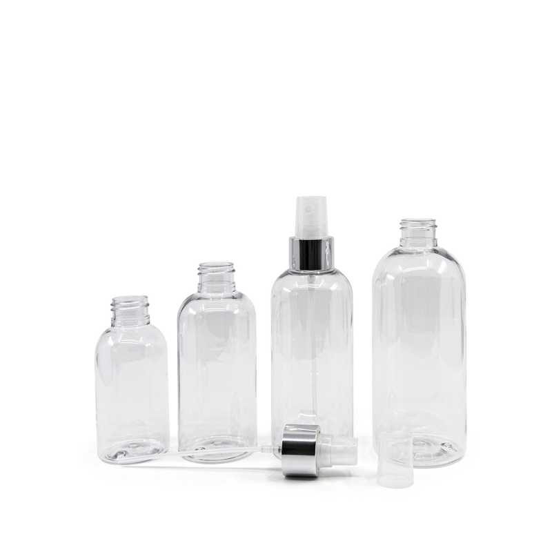 Plastová fľaša priehľadná okrúhla, priehľadný rozprašovač, strieborná lesklá obruč, 300 ml