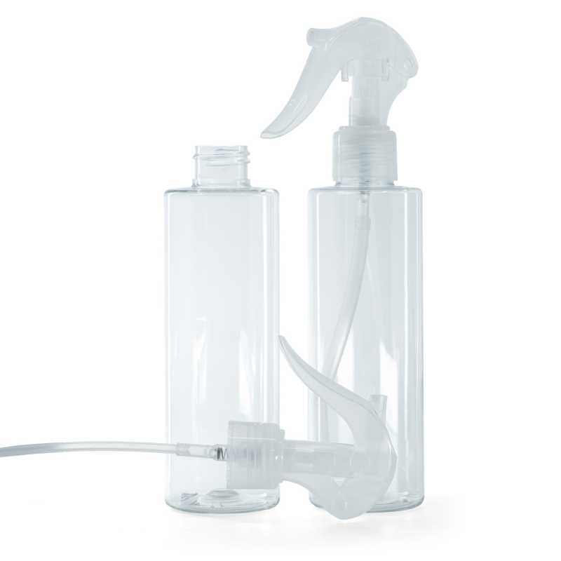 Plastová fľaša priehľadná, priehľadný pákový rozprašovač, 200 ml