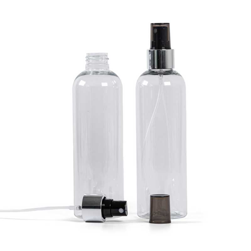 Plastová fľaša priehľadná, rozprašovač čierny, strieborná lesklá obruč, 250 ml