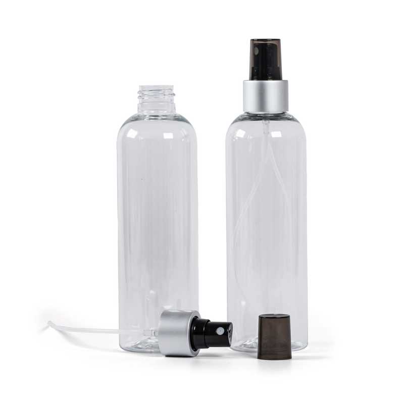 Plastová fľaša priehľadná, rozprašovač čierny, strieborná matná obruč, 250 ml