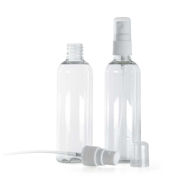 Plastová fľaša priehľadná s bielym rozprašovačom, 100 ml 