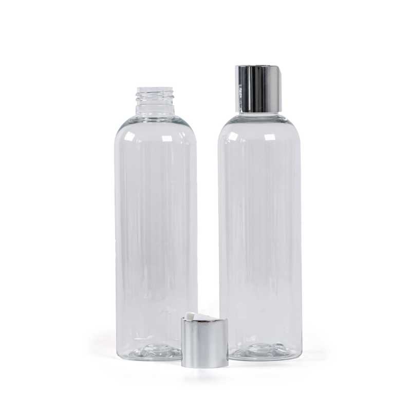 Plastová fľaša priehľadná, strieborný disc top, 250 ml
