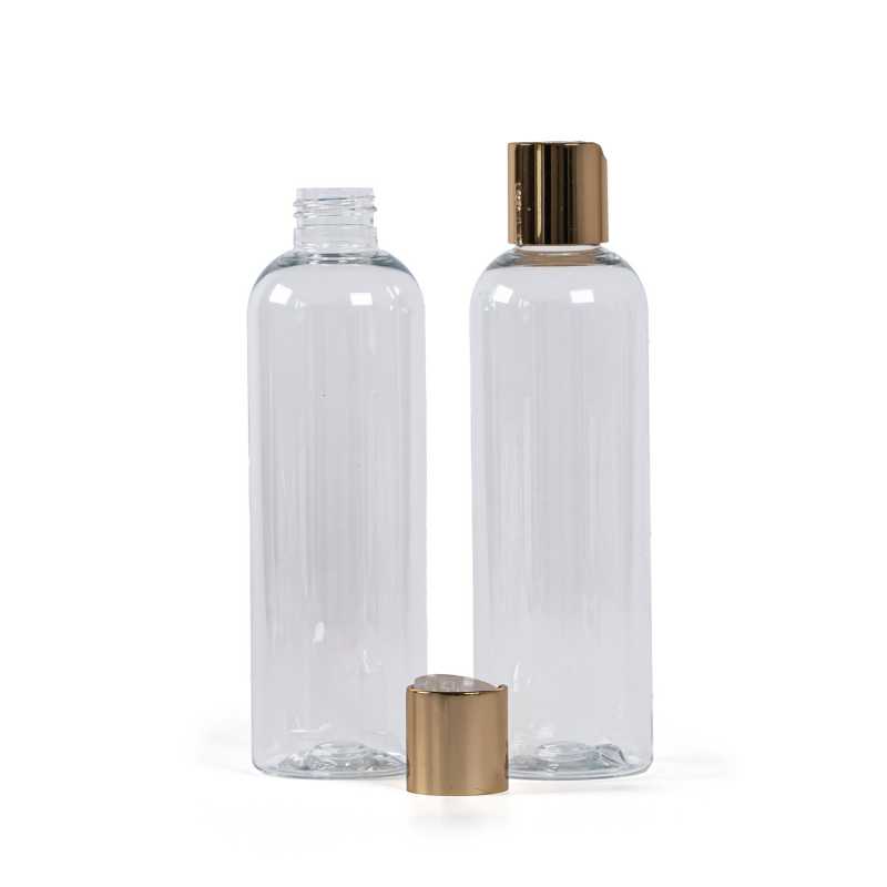 Plastová fľaša priehľadná, zlatý disc top, 250 ml