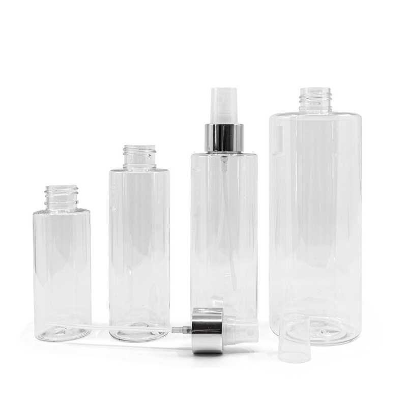 Plastová fľaša, priehľadný rozprašovač, strieborná lesklá obruč, 200 ml