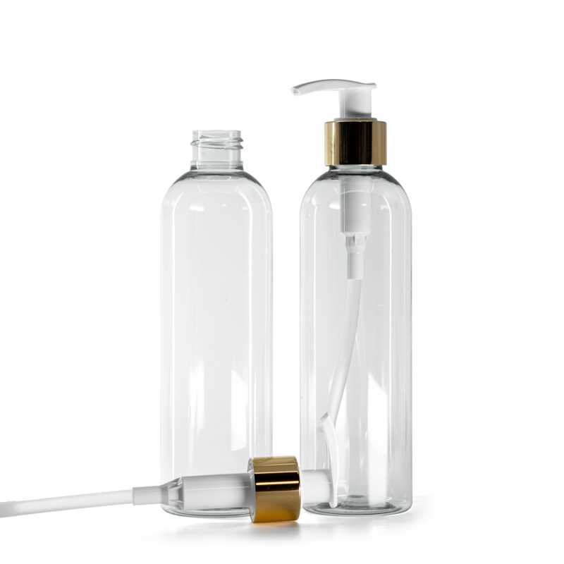 Plastová fľaša, recyklovaná, bielo-zlatý dávkovač, 250 ml