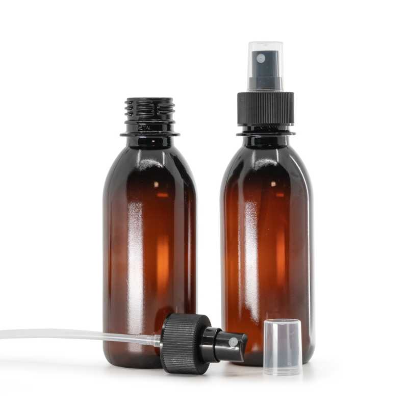 Plastová fľaška, liekovka 28/410, hnedá, plastový rozprašovač, 28/410, čierny, vrúbkovaná obruč, 200