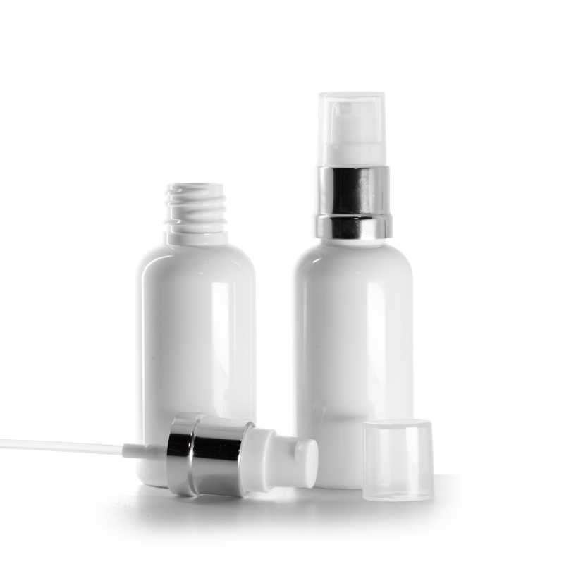 Plastová fľaška, liekovka, biela, bielo-strieborný lesklý dávkovač, 50 ml