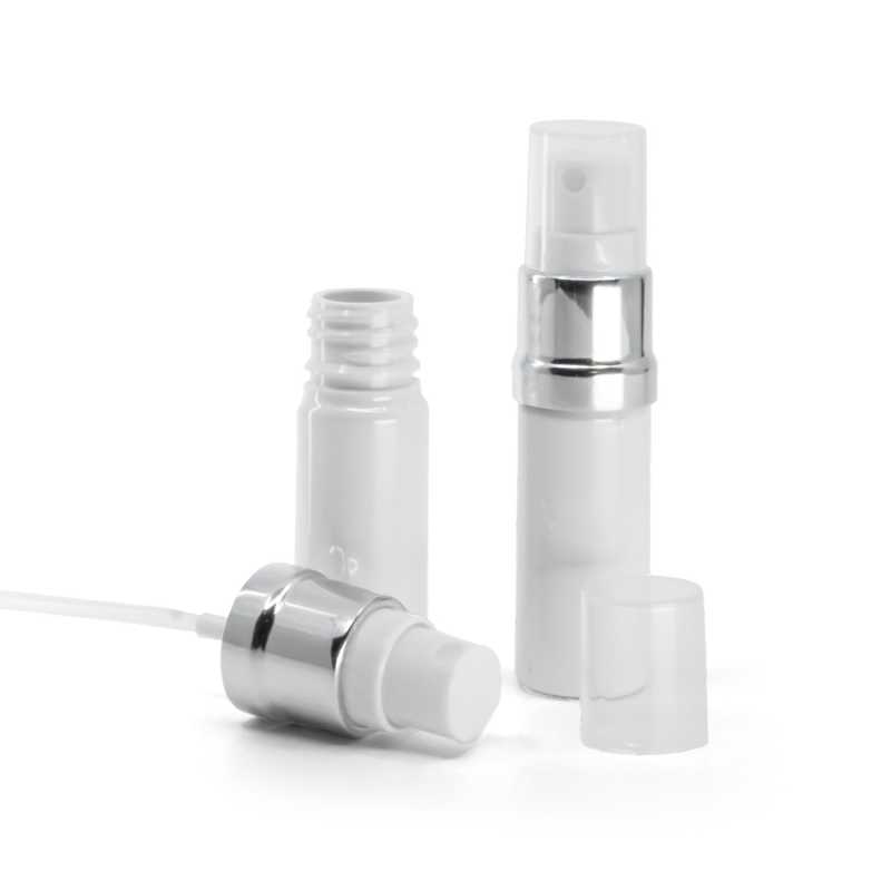 Plastová fľaška, liekovka, biela, bielo-strieborný rozprašovač, 10 ml