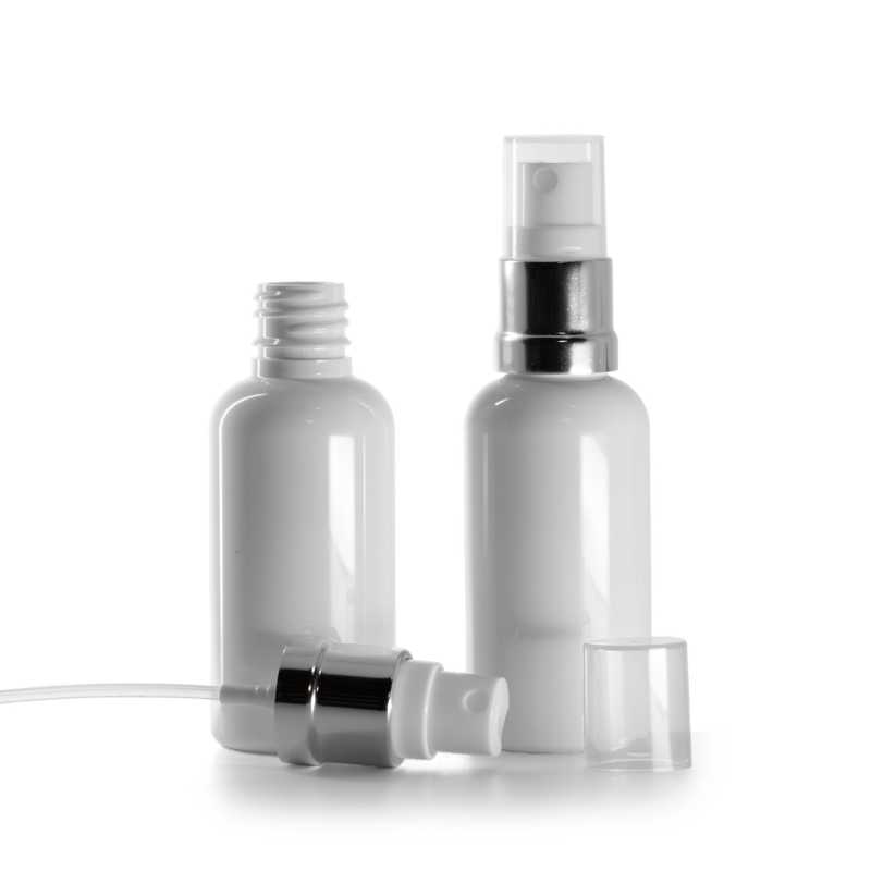 Plastová fľaška, liekovka, biela, bielo-strieborný rozprašovač, 50 ml