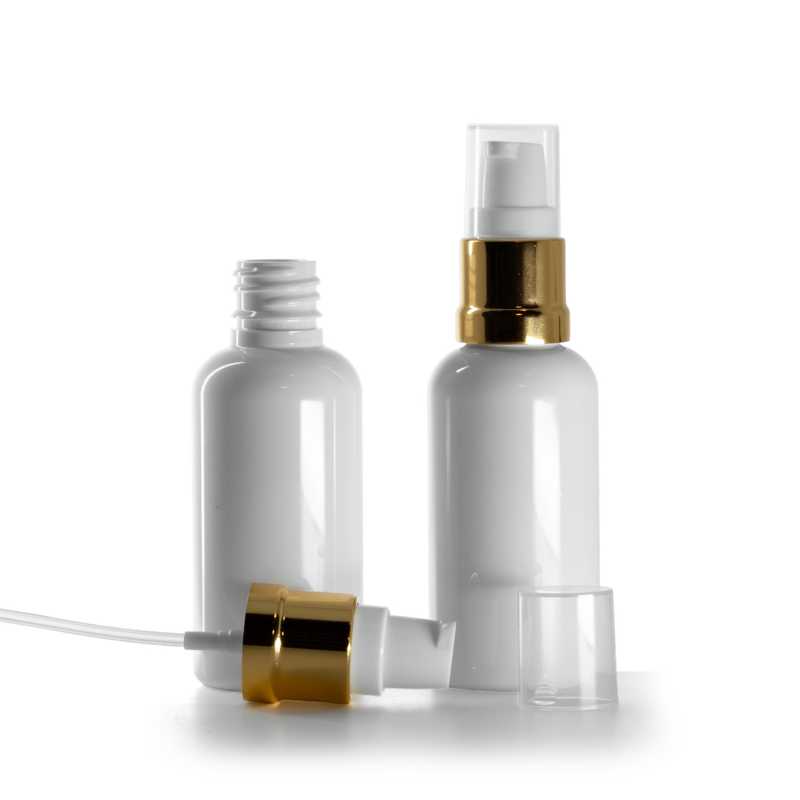 Plastová fľaška, liekovka, biela, bielo-zlatý lesklý dávkovač, 50 ml
