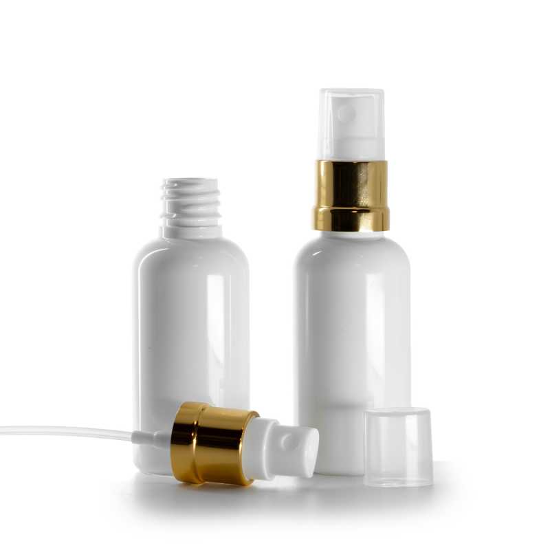 Plastová fľaška, liekovka, biela, bielo-zlatý rozprašovač, 50 ml