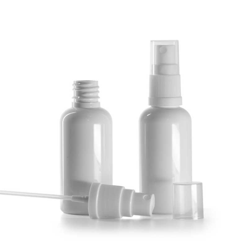 Plastová fľaška, liekovka, biela, biely rozprašovač, 50 ml