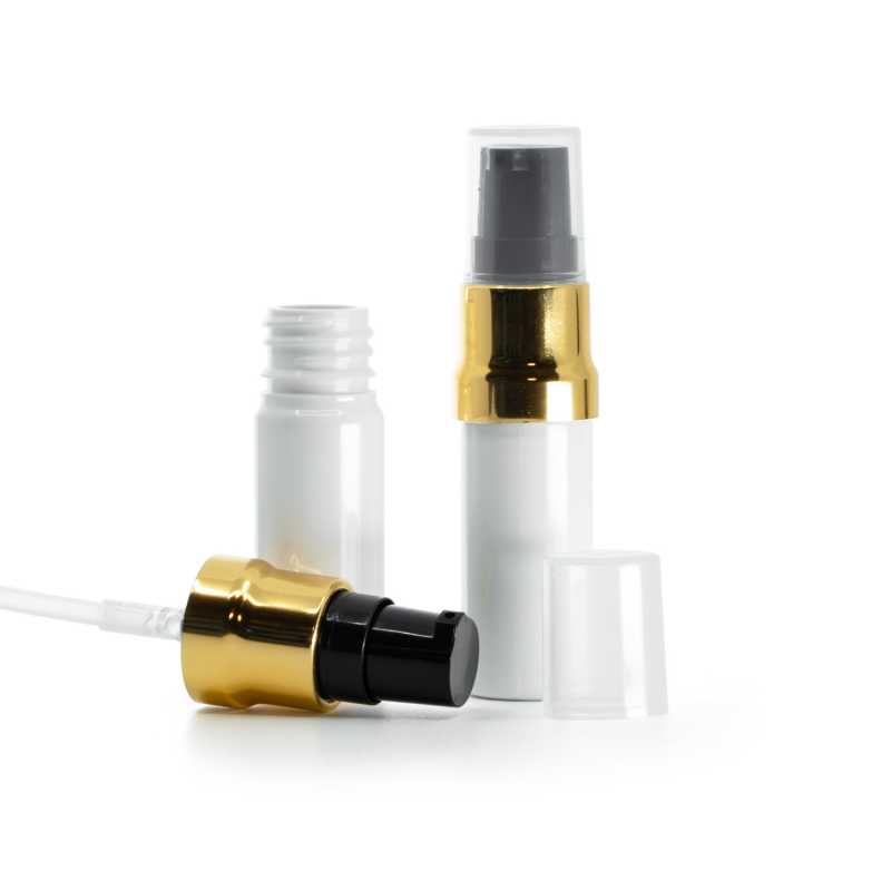 Plastová fľaška, liekovka, biela, čierno-zlatý lesklý dákovač, priehľadný vrch, 10 ml