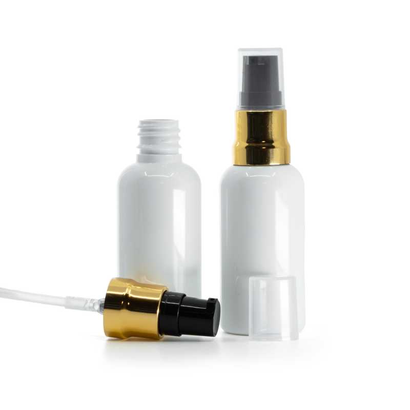 Plastová fľaška, liekovka, biela, čierno-zlatý lesklý dávkovač, priehľadný vrch, 10 ml
