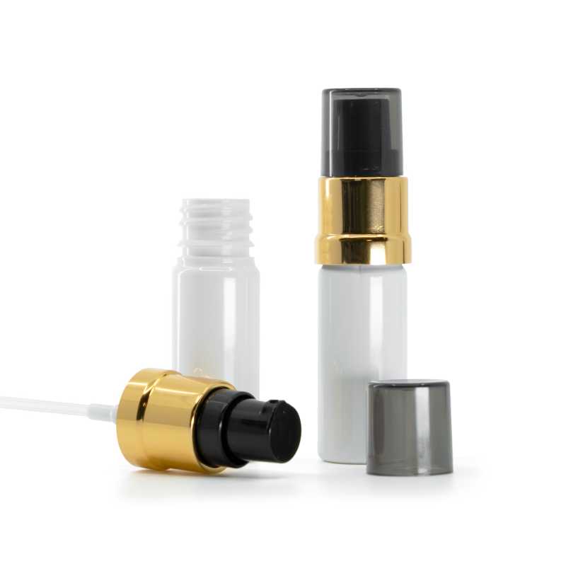 Plastová fľaška, liekovka, biela, čierno-zlatý lesklý dávkovač s dymovým krytom, 10 ml