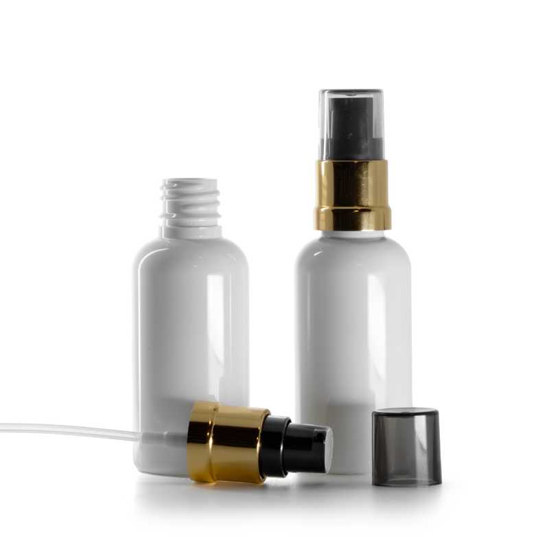 Plastová fľaška, liekovka, biela, čierno-zlatý lesklý dávkovač s dymovým krytom, 50 ml