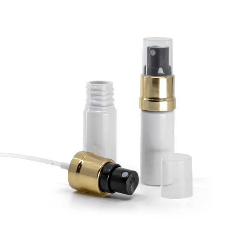 Plastová fľaška, liekovka, biela, čierno-zlatý rozprašovač, 10 ml